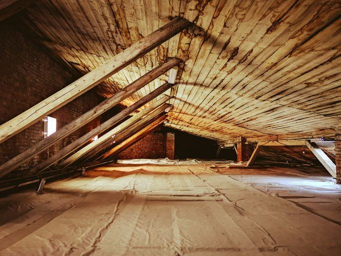Attic interior with wood roof framing and rafters